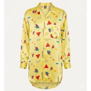 VTG 80s 90s JAG Yellow Satin Geometric Novelty Print Shirt Dress Oversized